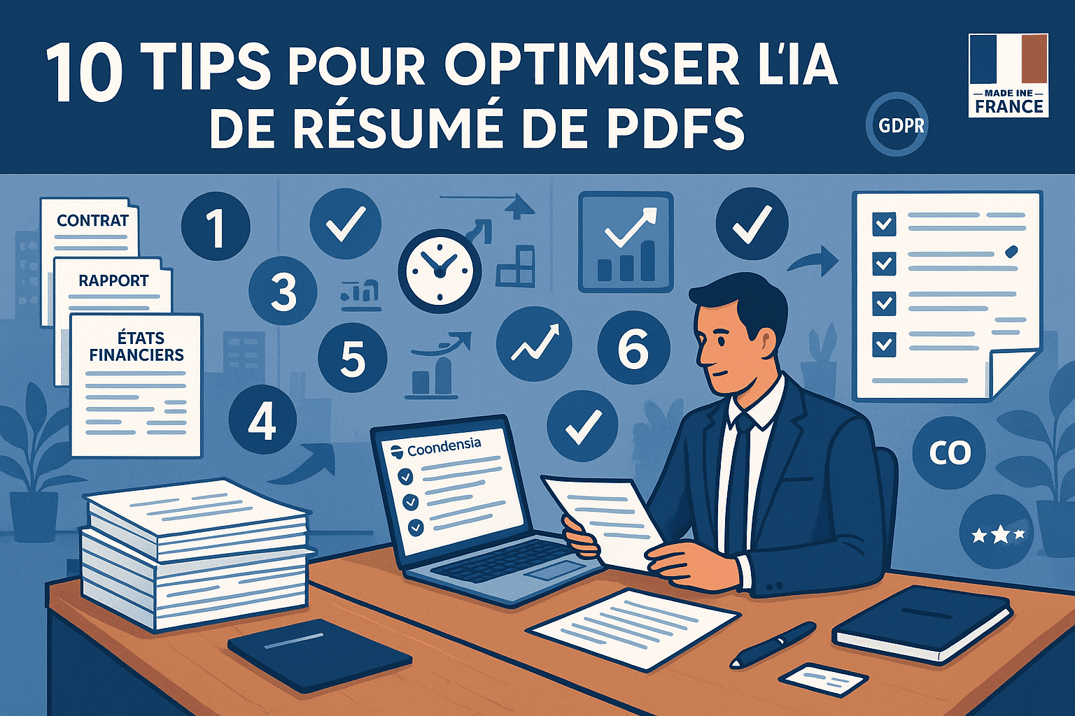 Professionnel optimisant un résumé de PDF sur ordinateur avec graphiques de performance en arrière-plan