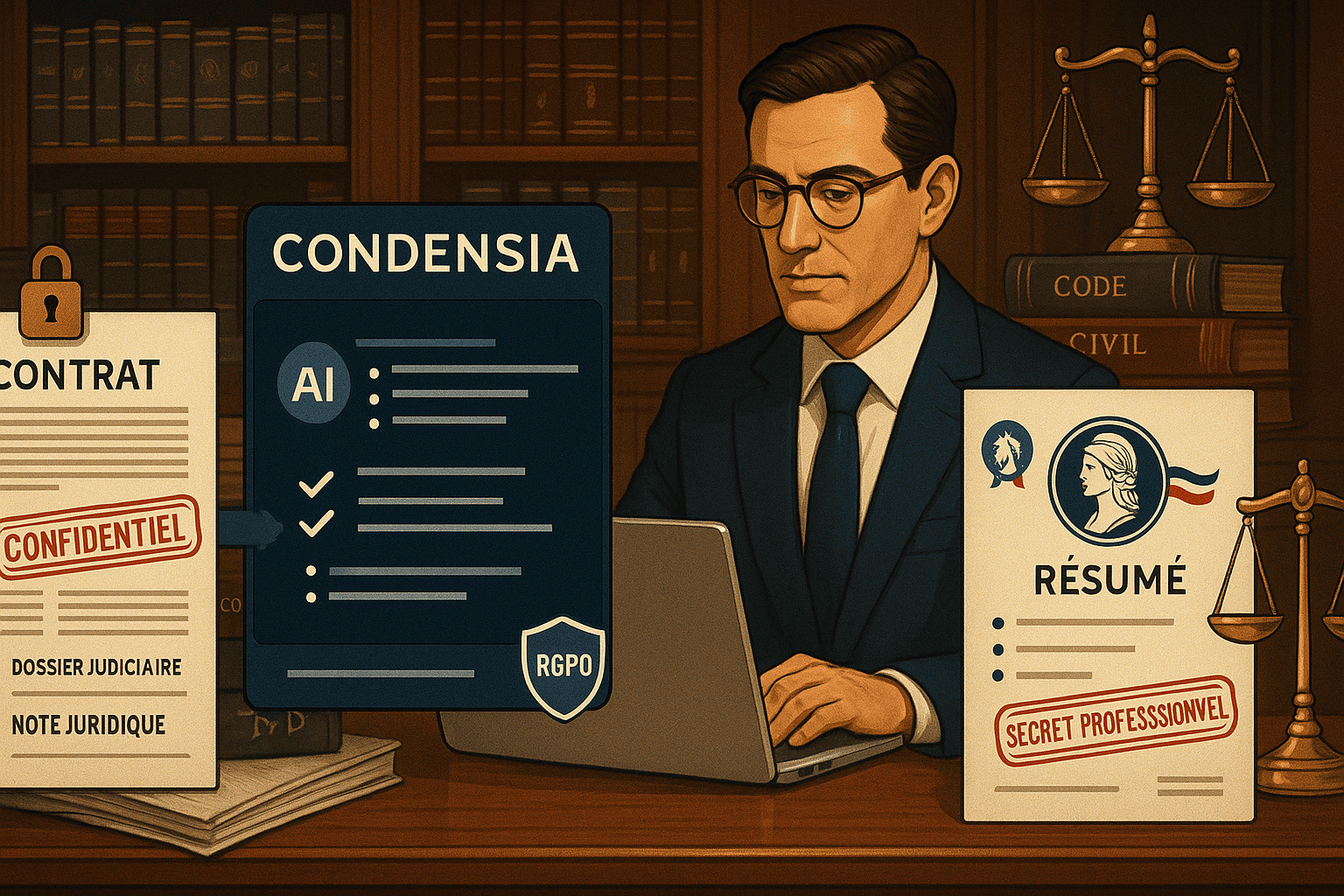 Avocat utilisant l'IA pour résumer des documents juridiques en toute confidentialité