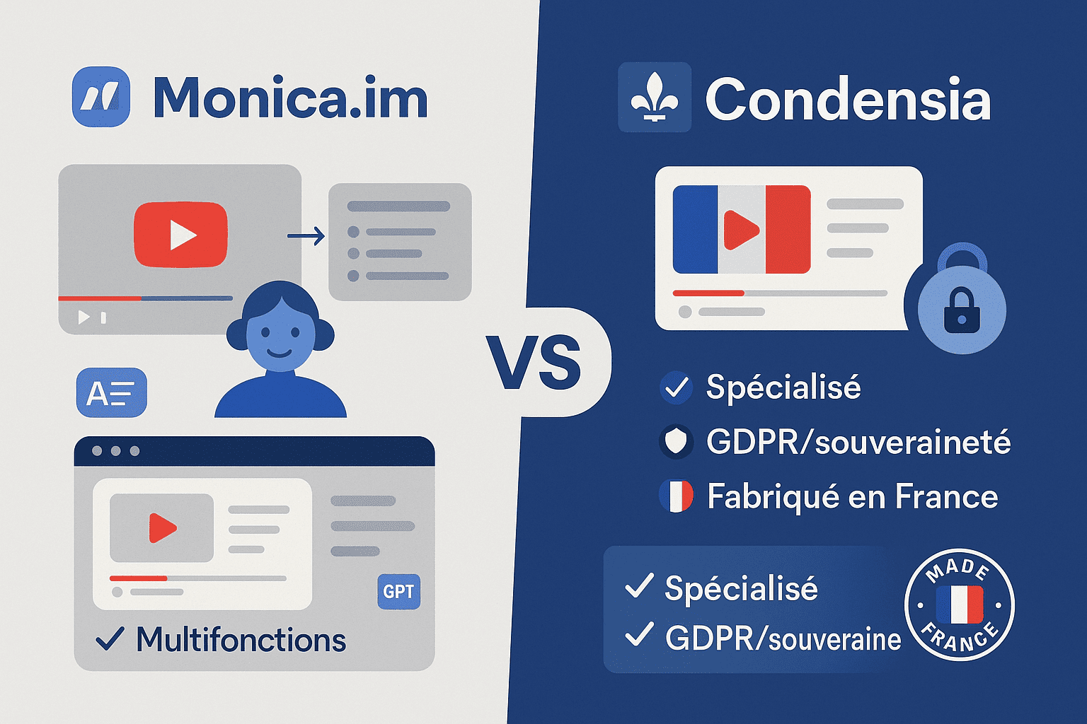 Comparaison Monica.im vs Condensia - deux écrans montrant les interfaces des outils de résumé vidéo