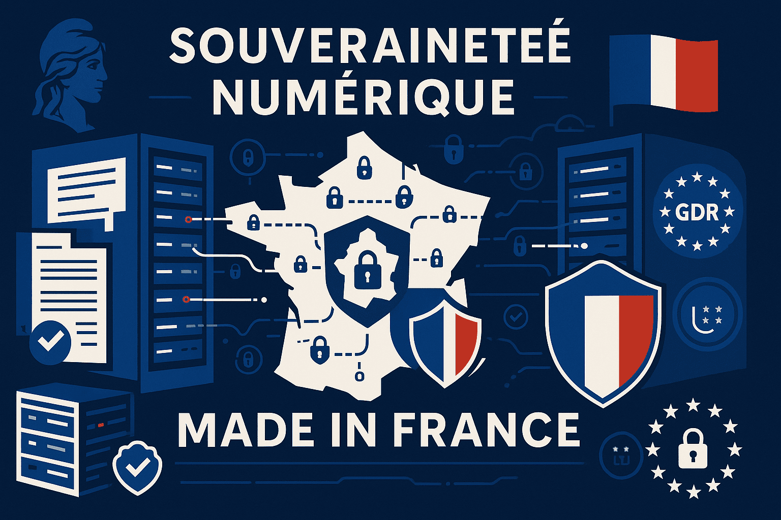 Illustration de la souveraineté numérique française avec un serveur protégé par le drapeau français